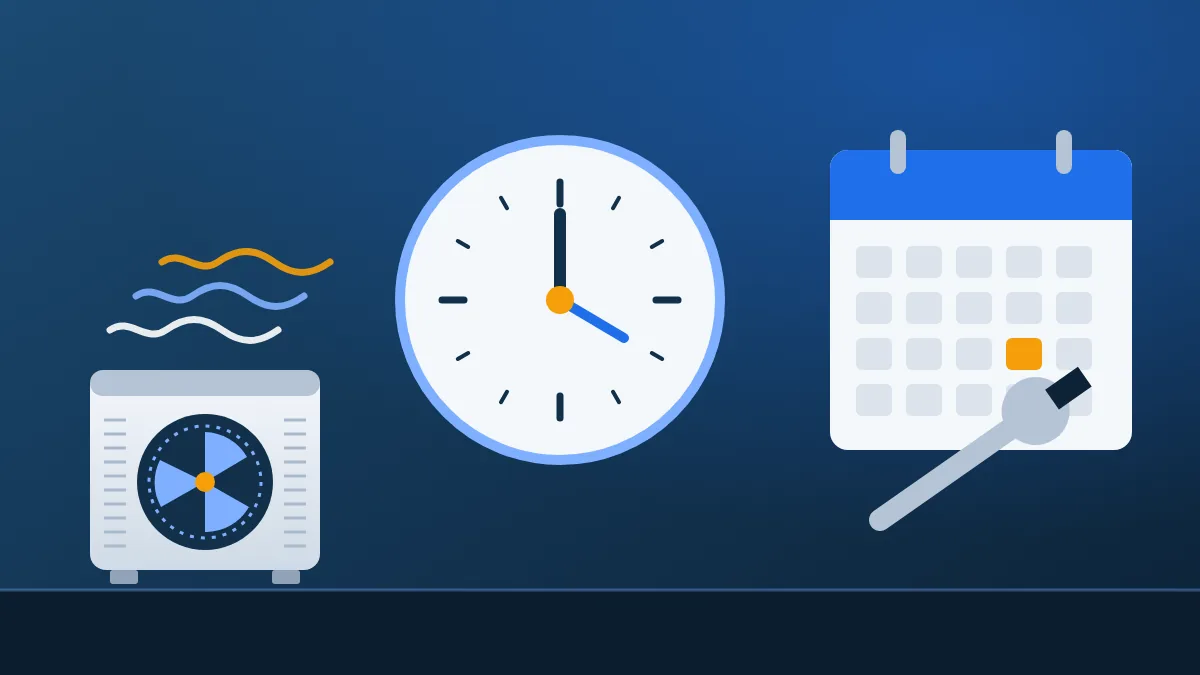 Illustration of an outdoor air conditioning unit with a calendar and clock representing installation scheduling